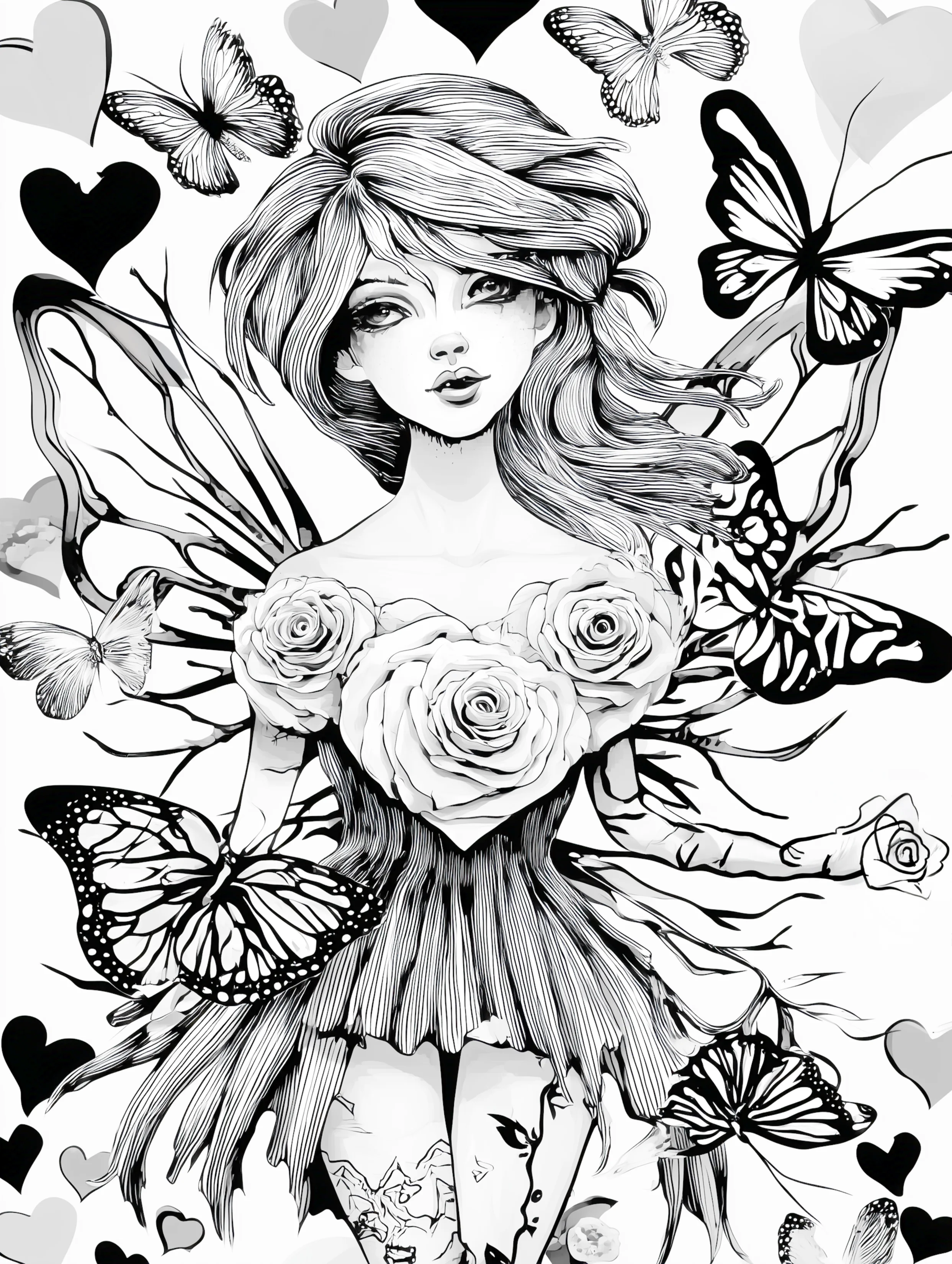 Free printable beautiful fairy coloring page featuring a bunch of roses fairy